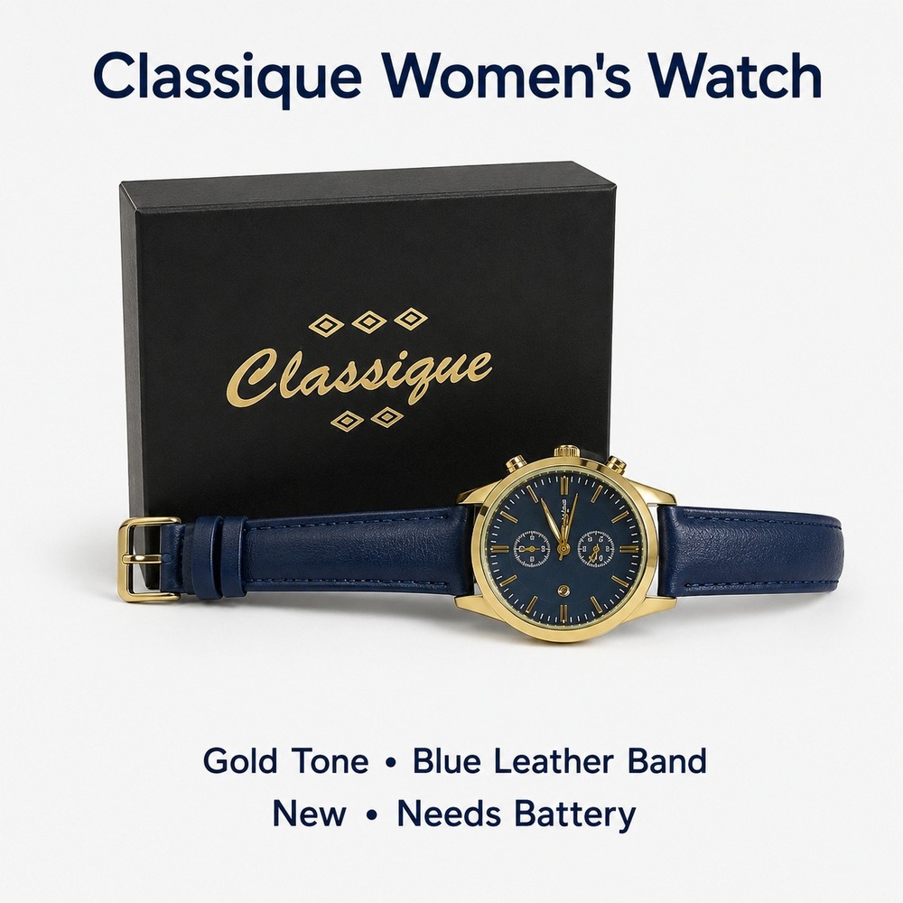 Classique Womens Watch Gold Tone Blue Leather Band Navy Dial Stainless Steel NEW